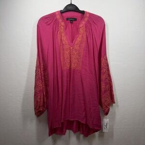 Calessa Womens Plus 2X Pink Embroidered V-Neck Tunic Top Boho Casual Resortwear